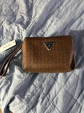 Guess Brown Monogram Wristlet Pouch with Logo Triangle New